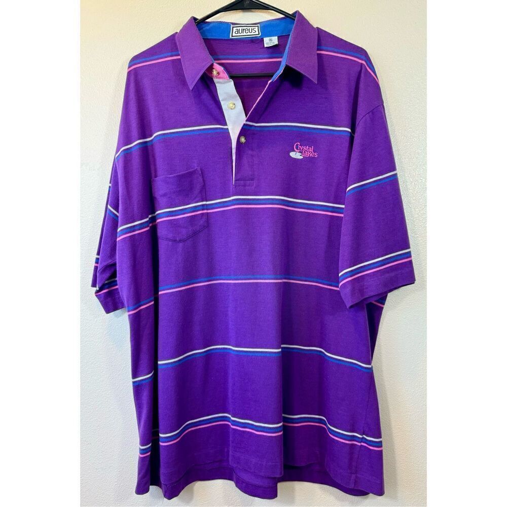 Vintage Aureus Y2K Crystal Lake Purple Striped Short Sleeve Polo Men’s Shirt XXL